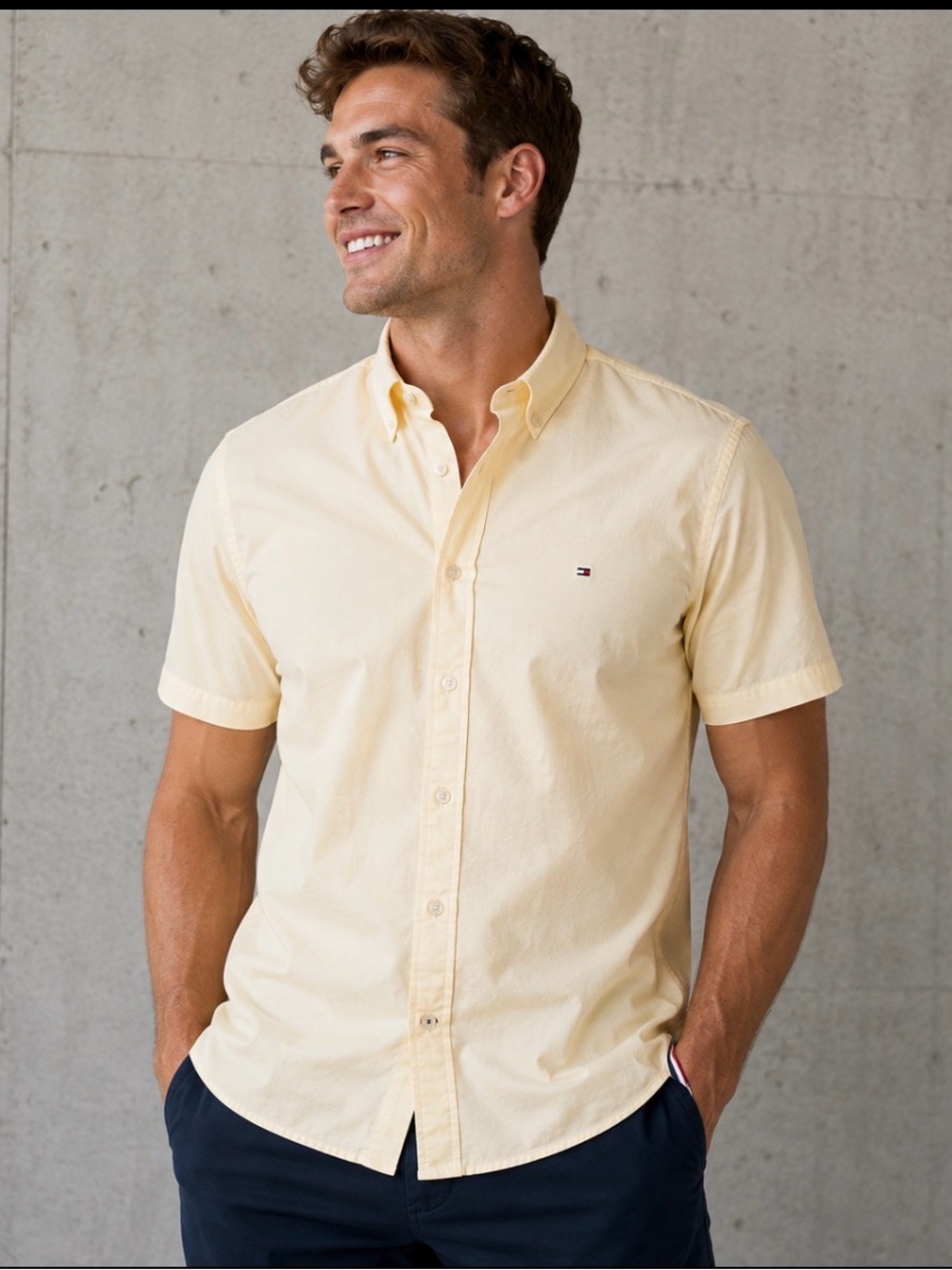 Tommy Hilfiger NWT Men’s Oxford Stretch XXL Short Sleeve Button-Up Shirt Yellow